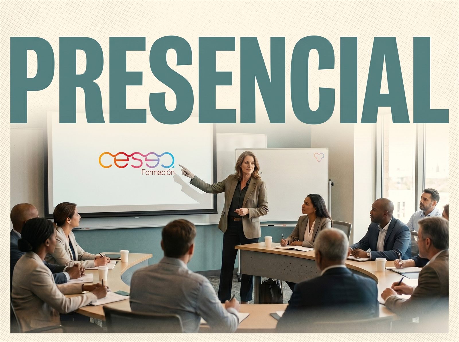 Formadora impartiendo una sesión presencial ante un equipo en la sala de reuniones de la empresa